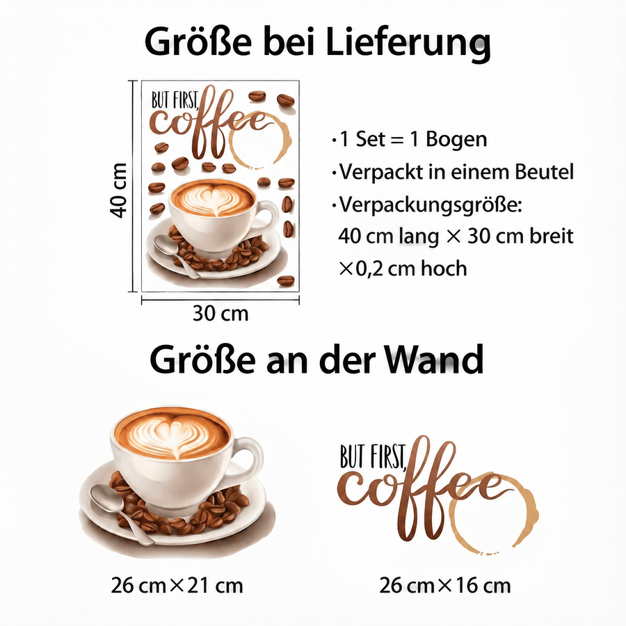 Der gelieferte Bogen im Vergleich zum Motiv an der Wand: Wandtattoo Kaffeetasse für die Küche
