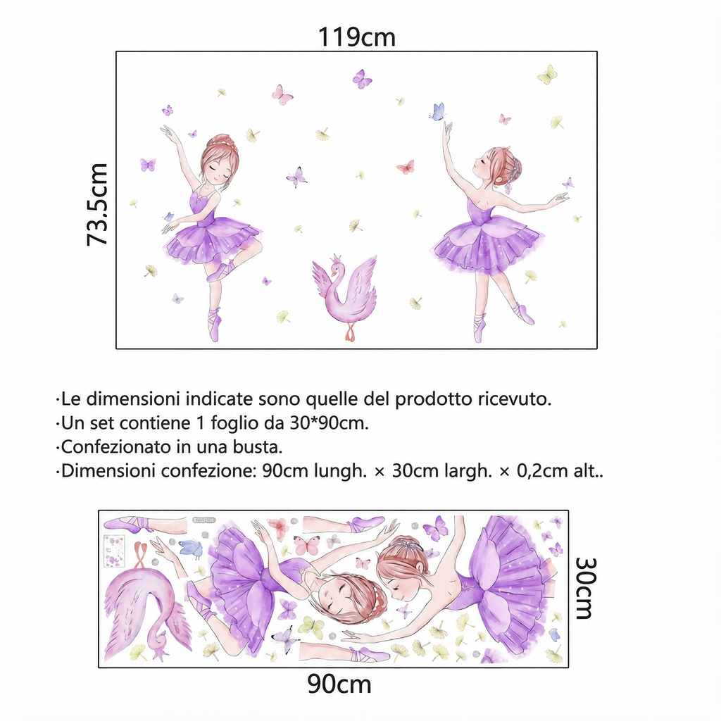 Adesivi murali ballerina per cameretta bambina - Dimensioni