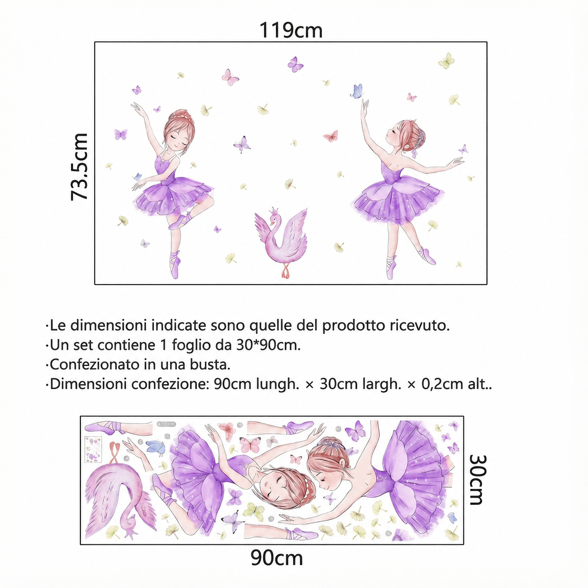 Adesivi murali ballerina per cameretta bambina - Dimensioni