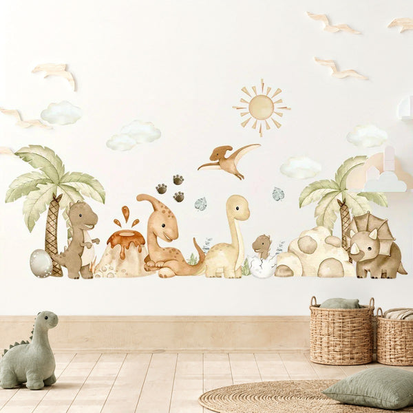 Frise de stickers muraux dinosaures beige et vert avec palmiers au-dessus d'un tapis en jute et de paniers en rotin