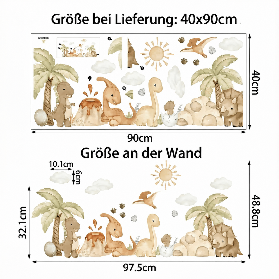 Der gelieferte Bogen im Vergleich zum Motiv an der Wand: Wandtattoo Dinosaurier fürs Jungenzimmer