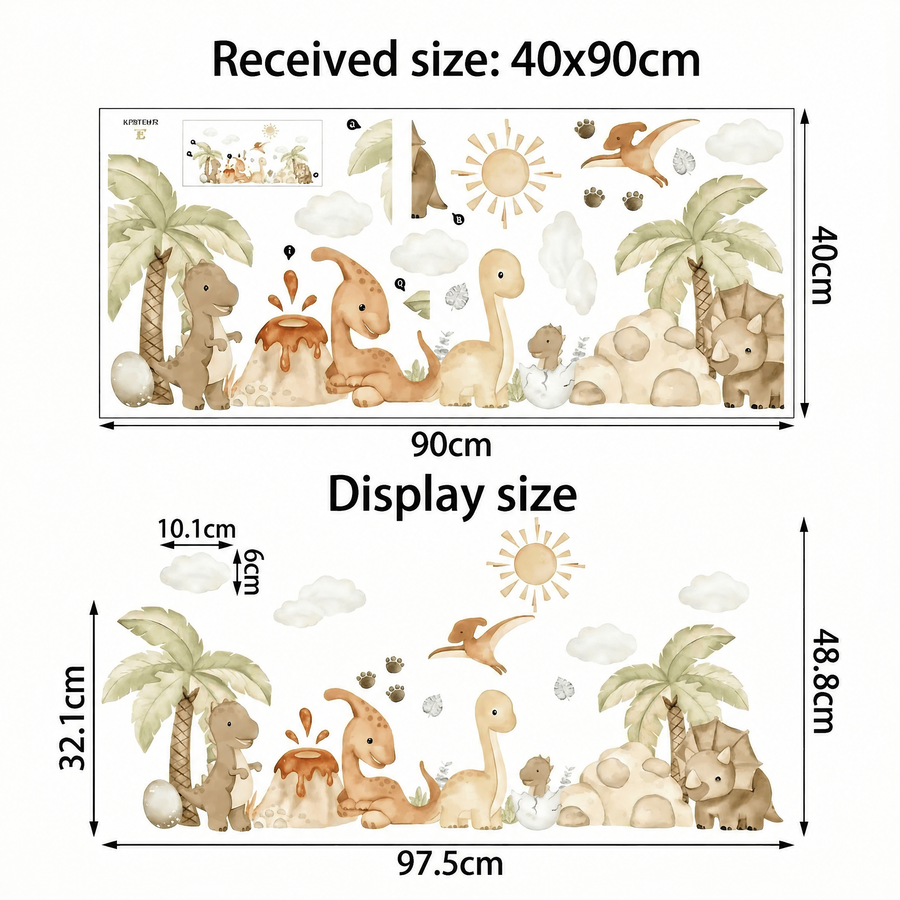 The sheet you receive compared with the design on the wall: Dinosaur Boys' Room Wall Stickers