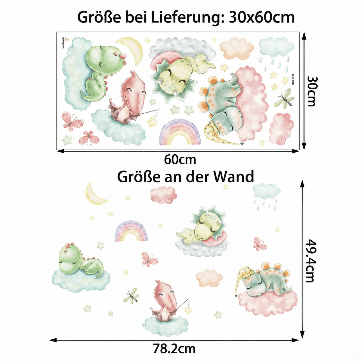 Wandtattoo Dinosaurier in Pastell - Maße