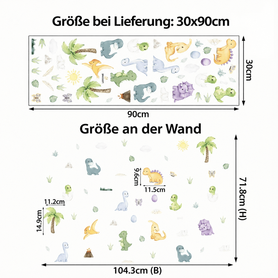 Der gelieferte Bogen im Vergleich zum Motiv an der Wand: Wandtattoo Kleine Dinosaurier