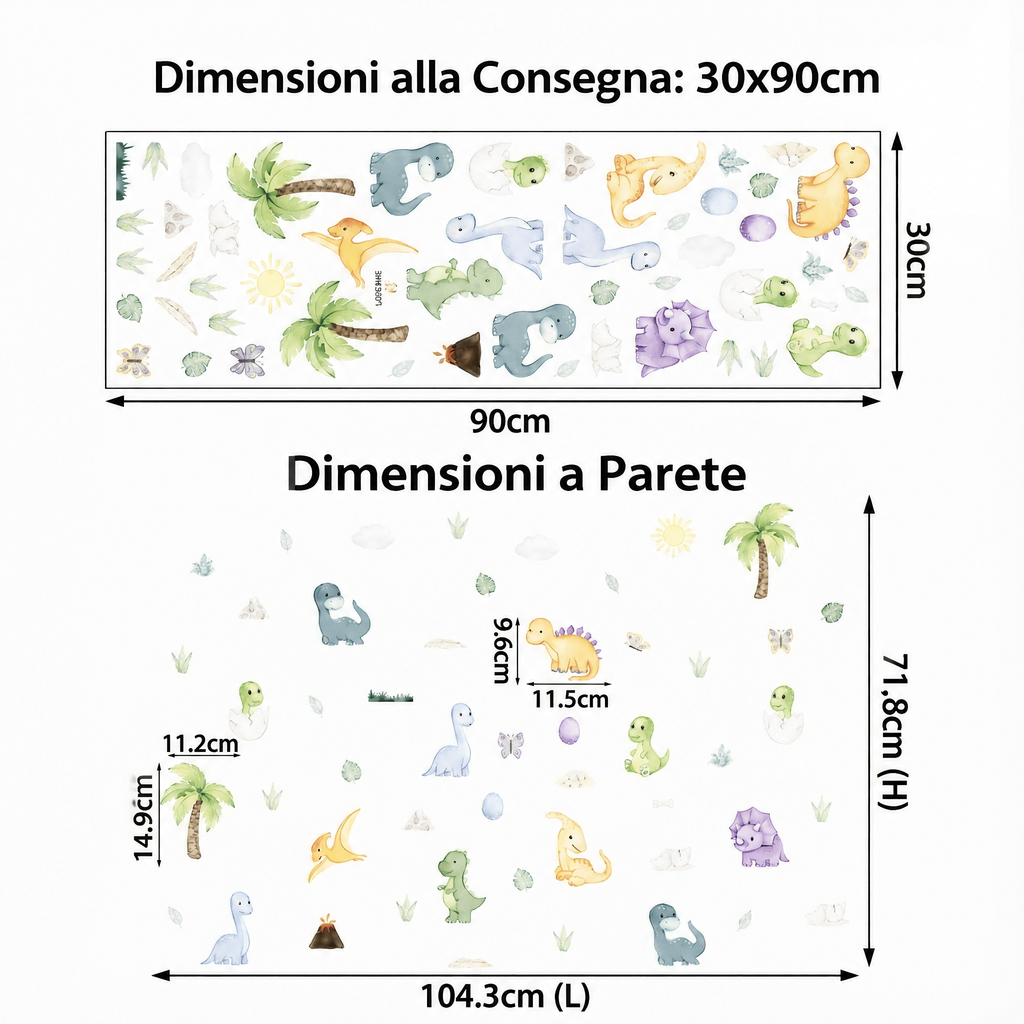 Adesivi murali piccoli dinosauri - Dimensioni