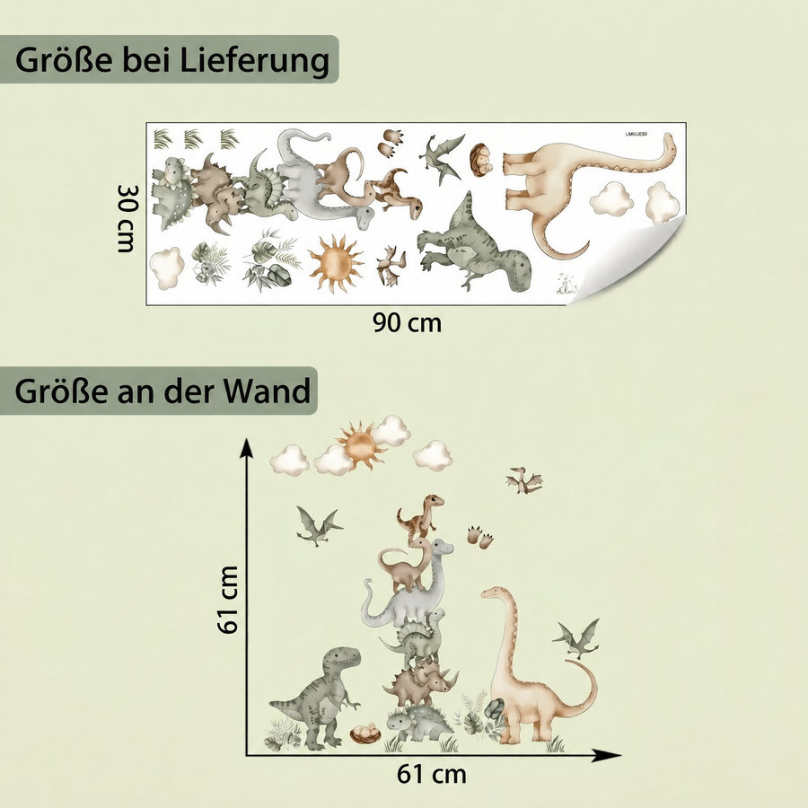 Der gelieferte Bogen im Vergleich zum Motiv an der Wand: Wandtattoo Aquarell-Dinosaurier fürs Kinderzimmer