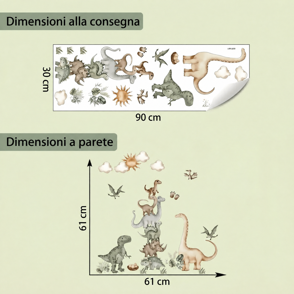 Adesivi murali dinosauri ad acquerello per cameretta - Dimensioni
