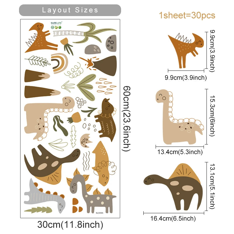 The sheet you receive compared with the design on the wall: Dinosaur and Rainbow Wall Stickers in Boho Terracotta