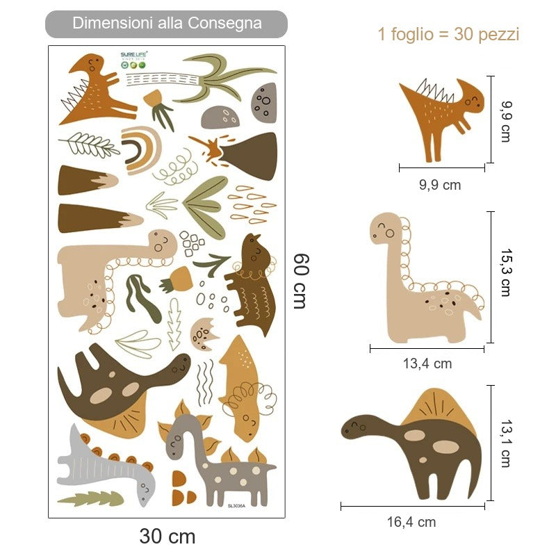 Il foglio che ricevi a confronto con il motivo applicato: Adesivi murali dinosauri e arcobaleno boho terracotta