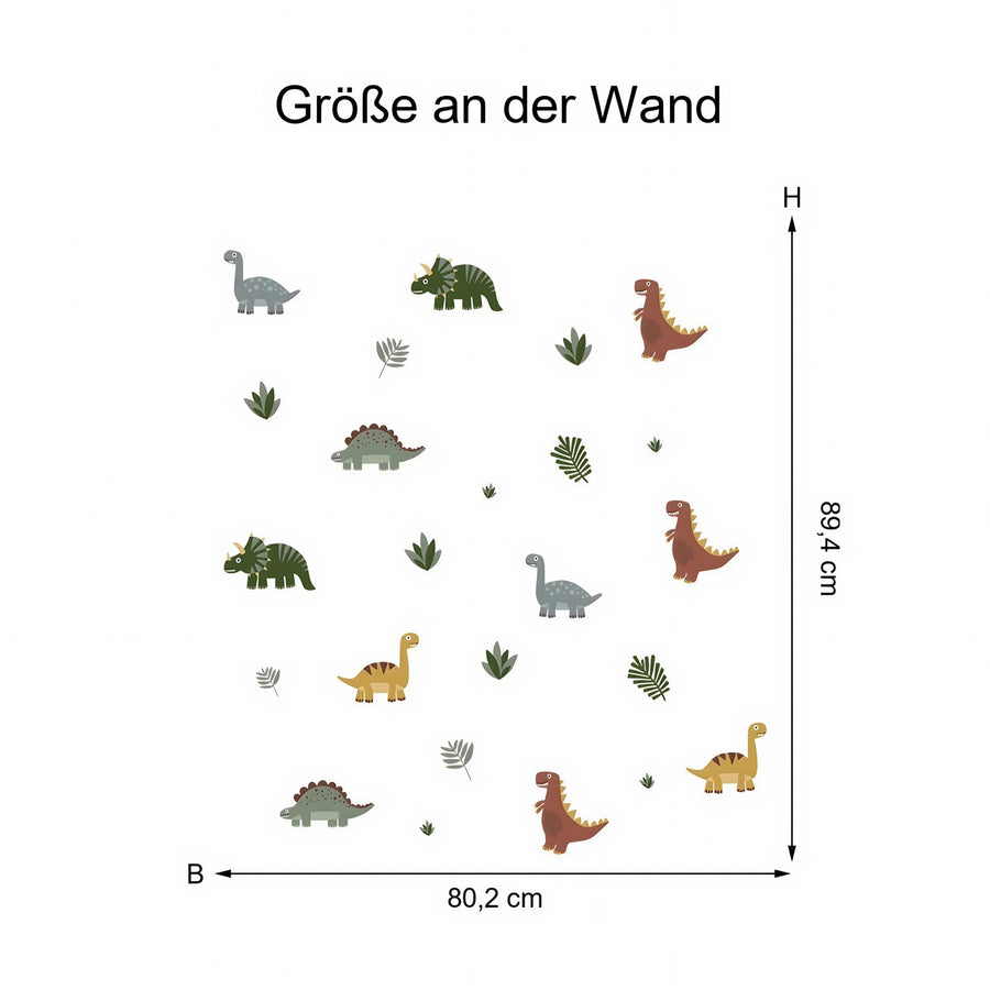 Der gelieferte Bogen im Vergleich zum Motiv an der Wand: Wandtattoo Dinosaurier und Blätter, repositionierbar