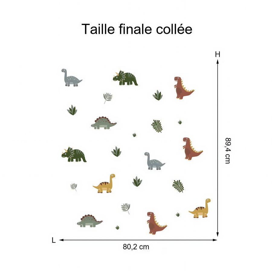 Comparaison entre la planche reçue et le motif posé : Stickers Muraux Dinosaures et Feuilles Repositionnables