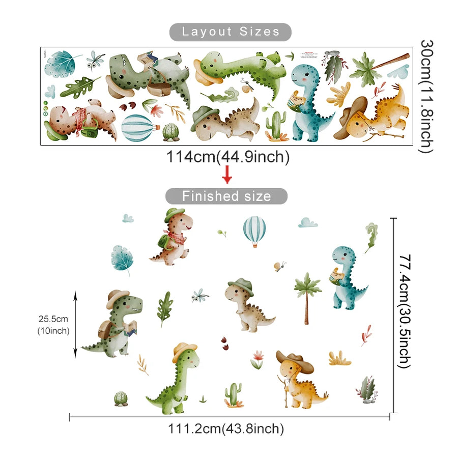 The sheet you receive compared with the design on the wall: Watercolour Dinosaur Explorers and Hot Air Balloon Wall Stickers