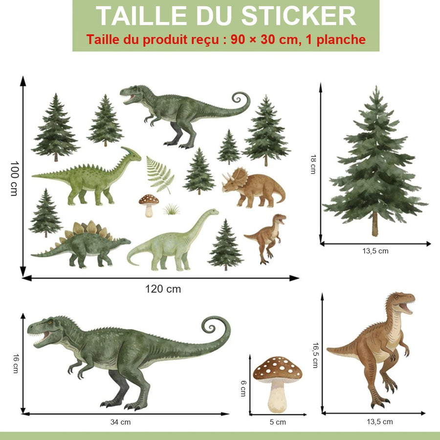Comparaison entre la planche reçue et le motif posé : Stickers Muraux Dinosaures Forêt de Sapins Chambre Bébé Garçon