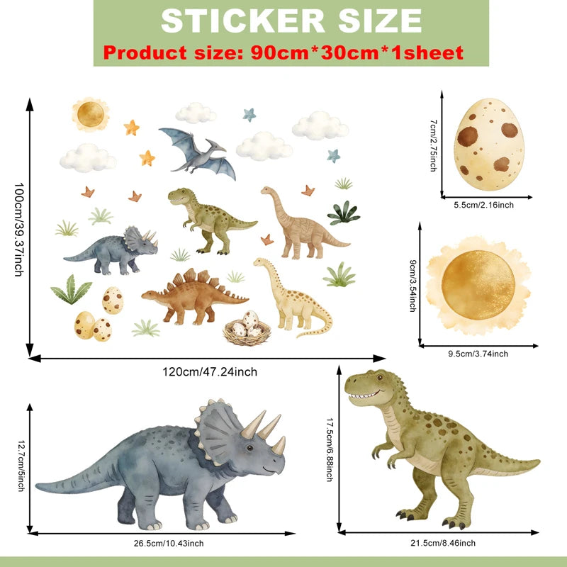 The sheet you receive compared with the design on the wall: Dinosaur Wall Stickers with Sun and Clouds in Pastel Colours for Boys' Bedroom
