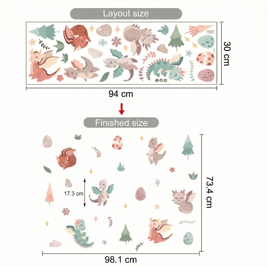 The sheet you receive compared with the design on the wall: Dragon Nursery Wall Stickers