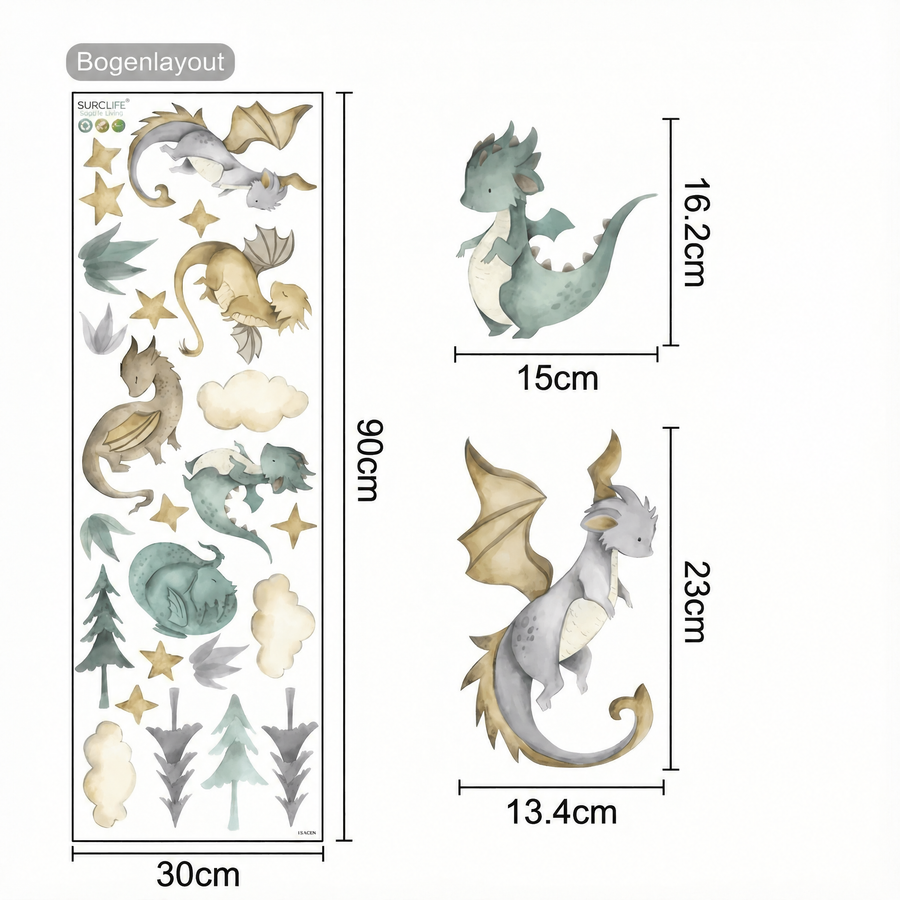 Der gelieferte Bogen im Vergleich zum Motiv an der Wand: Wandtattoo Drache fürs Kinderzimmer