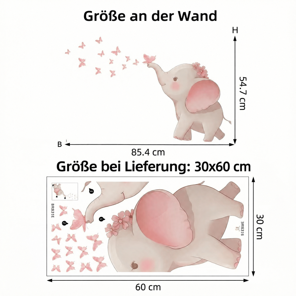 Wandtattoo Elefant mit rosa Schmetterlingen - Maße