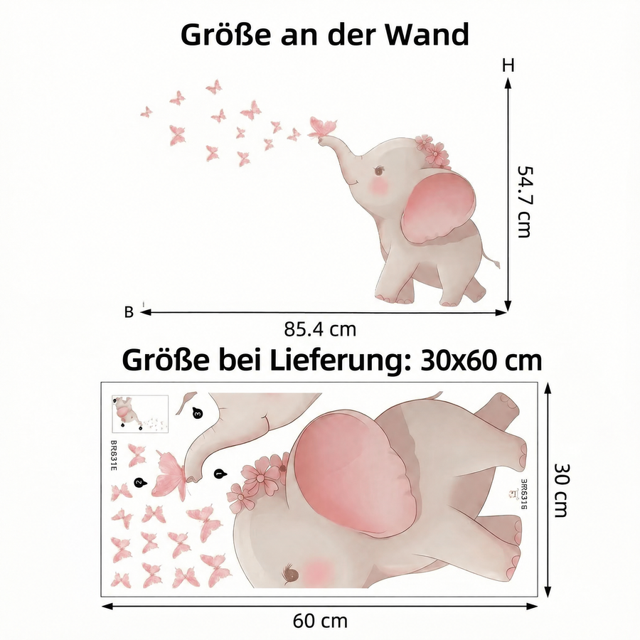 Der gelieferte Bogen im Vergleich zum Motiv an der Wand: Wandtattoo Elefant mit rosa Schmetterlingen