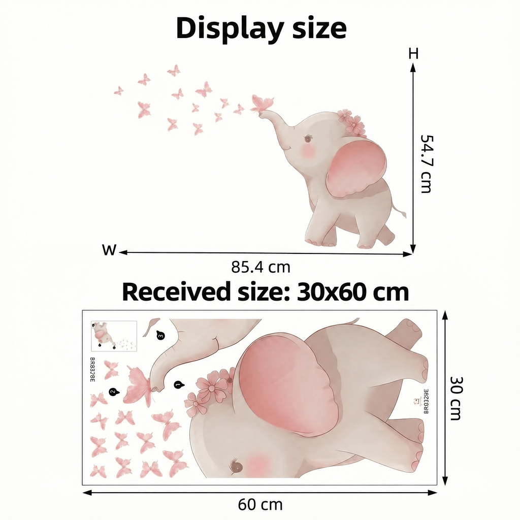 Elephant with Pink Butterflies Wall Stickers - dimensions