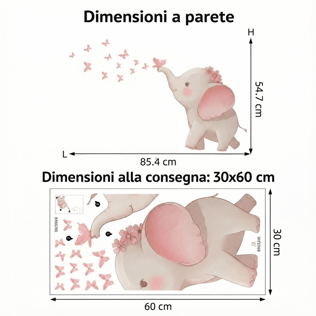 Adesivi murali elefante con farfalle rosa - Dimensioni