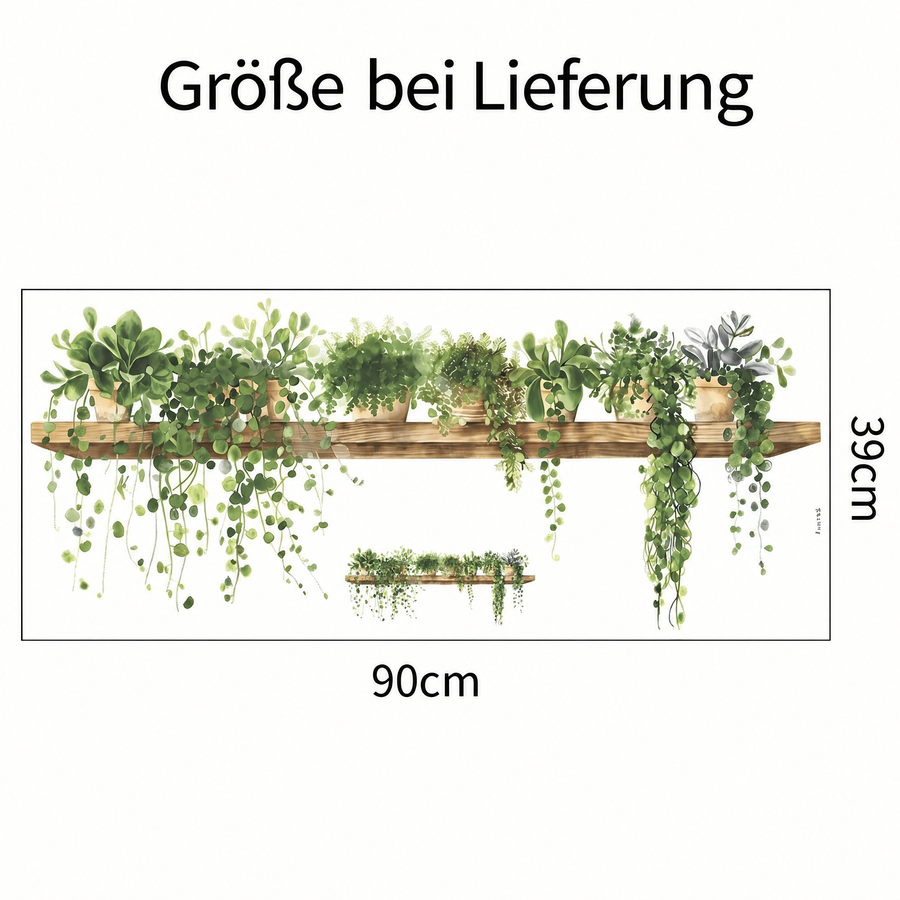 Der gelieferte Bogen im Vergleich zum Motiv an der Wand: Wandtattoo Regal mit Grünpflanzen in 3D-Optik