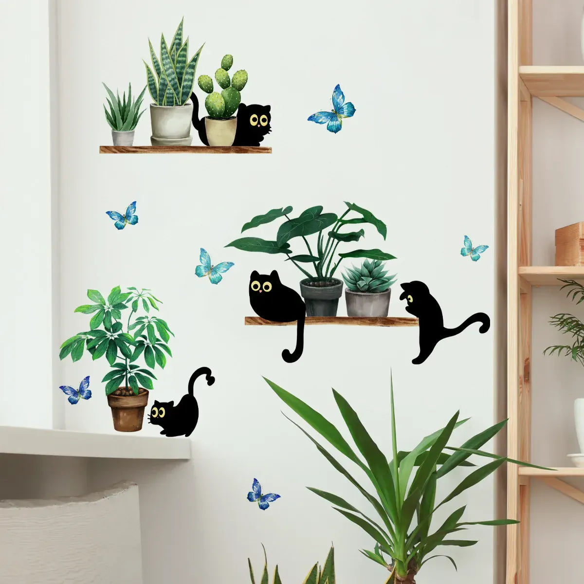Stickers Muraux Étagères Plantes avec Chats