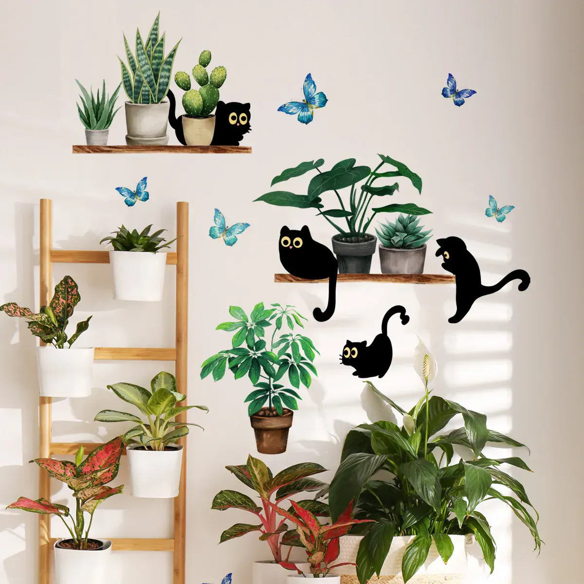 Stickers Muraux Étagères Plantes avec Chats