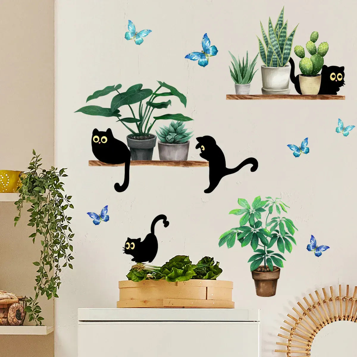 Stickers Muraux Étagères Plantes avec Chats
