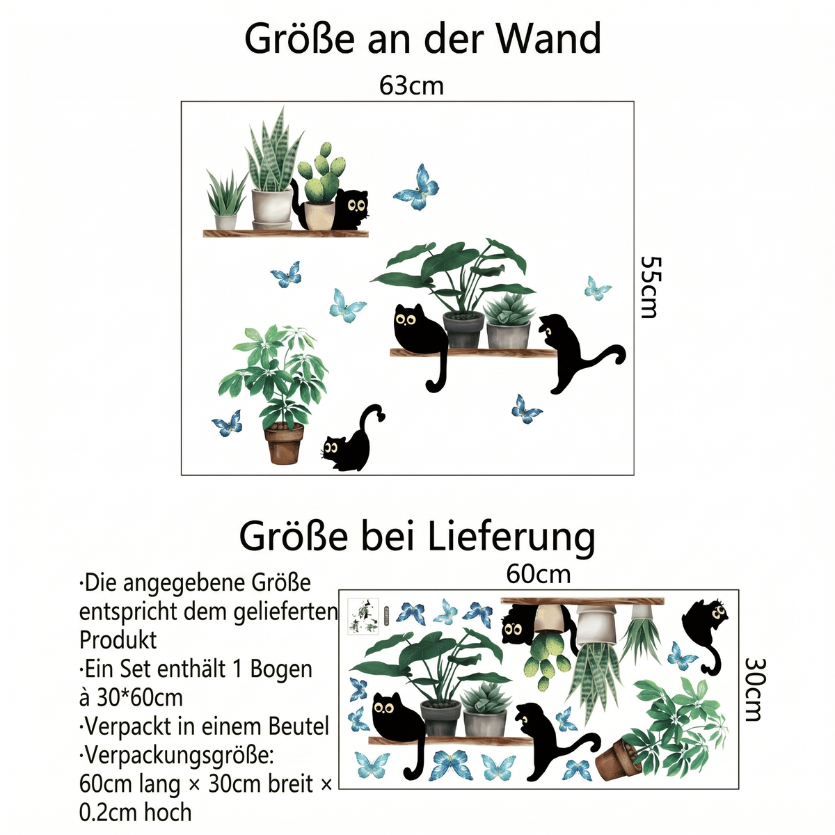 Wandtattoo Pflanzenregale mit Katzen - Maße