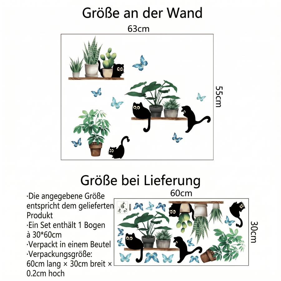 Der gelieferte Bogen im Vergleich zum Motiv an der Wand: Wandtattoo Pflanzenregale mit Katzen