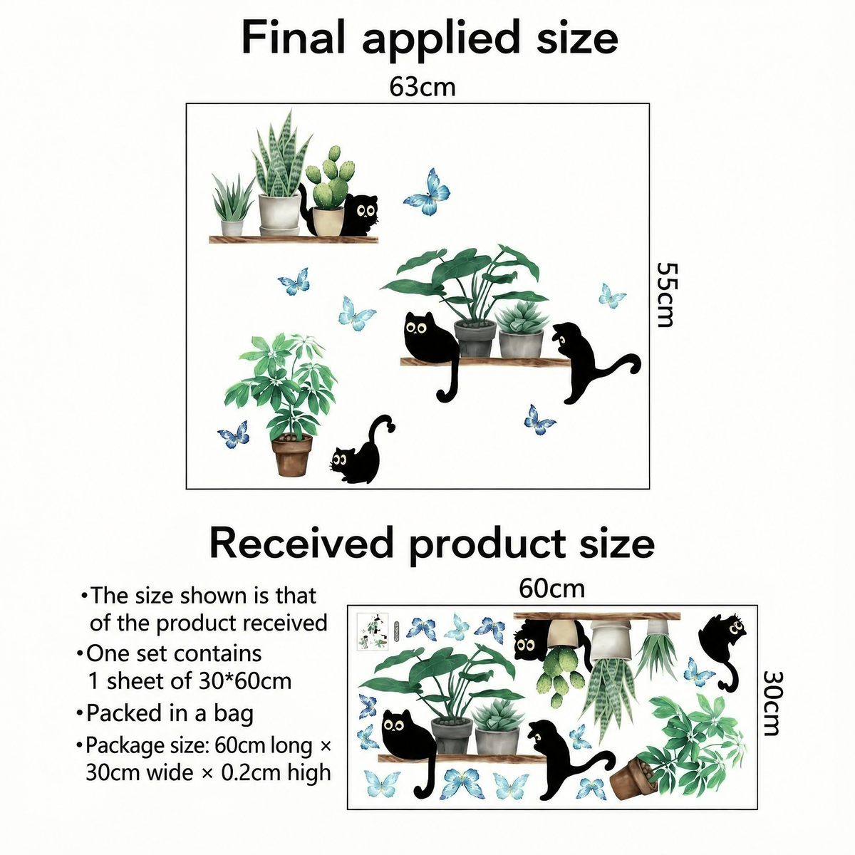 Plant Shelves with Cats Wall Stickers - dimensions