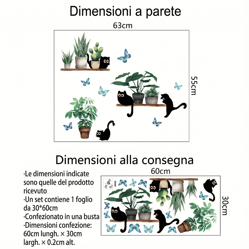 Adesivi murali mensole con piante e gatti - Dimensioni