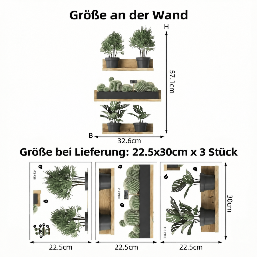Der gelieferte Bogen im Vergleich zum Motiv an der Wand: Wandtattoo Pflanzenregale in 3D-Optik