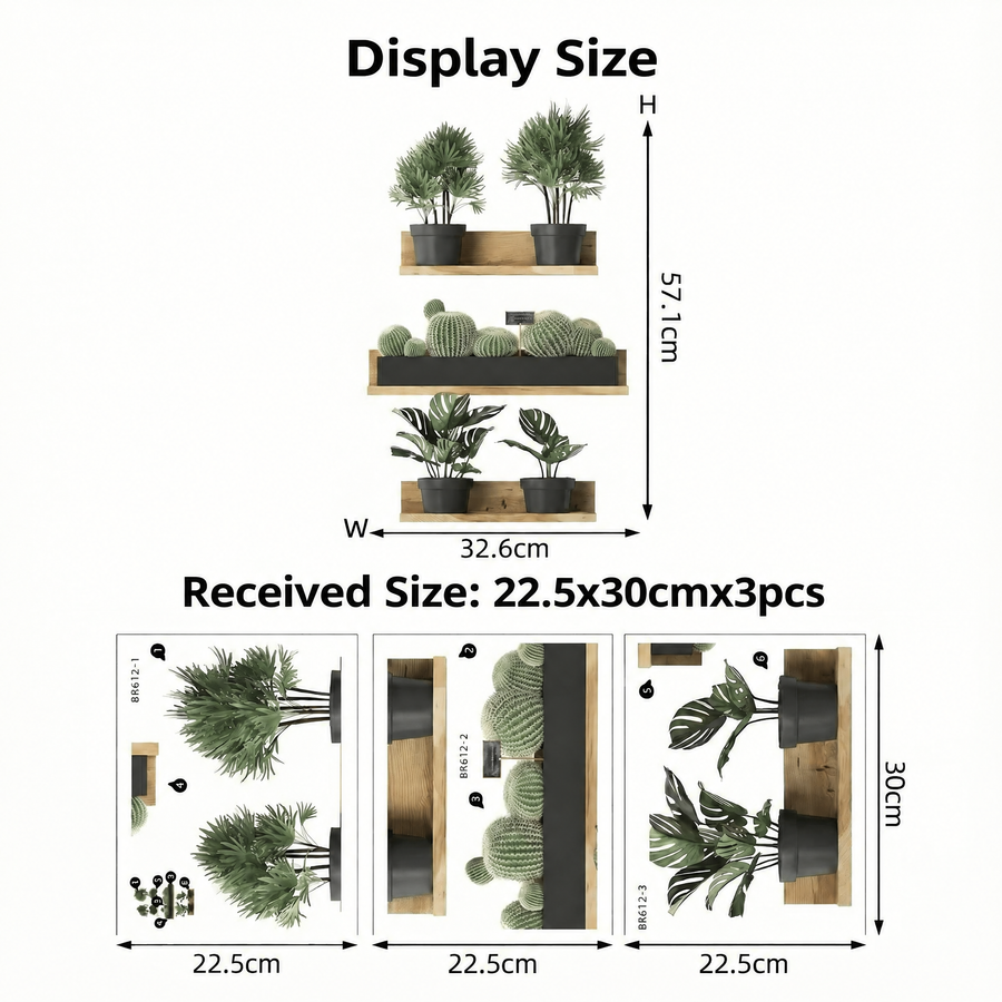 The sheet you receive compared with the design on the wall: 3D Plant Shelves Wall Stickers