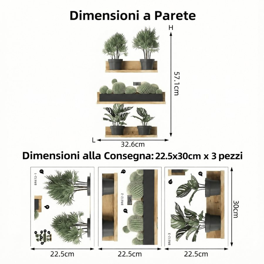 Il foglio che ricevi a confronto con il motivo applicato: Adesivi murali mensole con piante effetto 3D