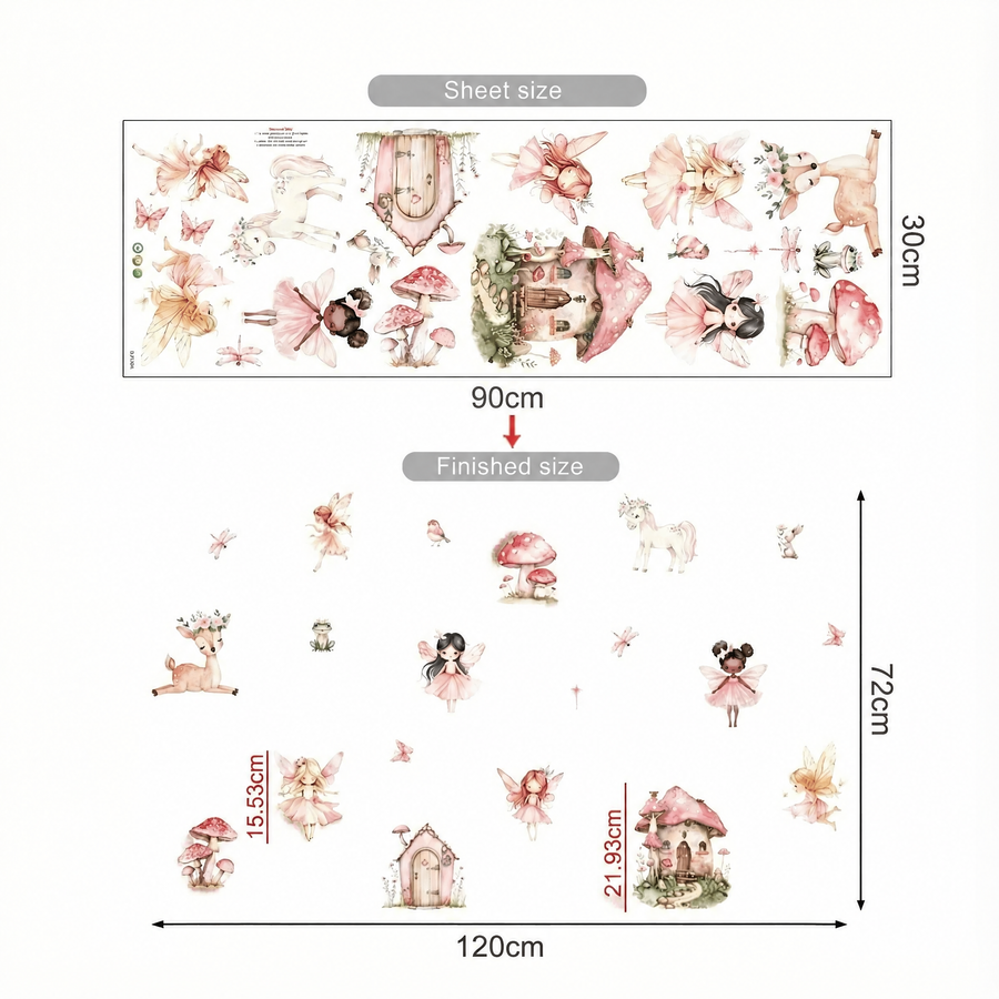 The sheet you receive compared with the design on the wall: Magical Fairy Wall Stickers