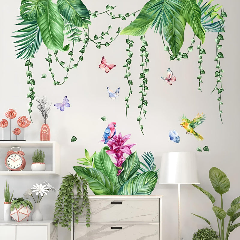 Stickers Muraux Feuillage Tropical et Perroquets Salon