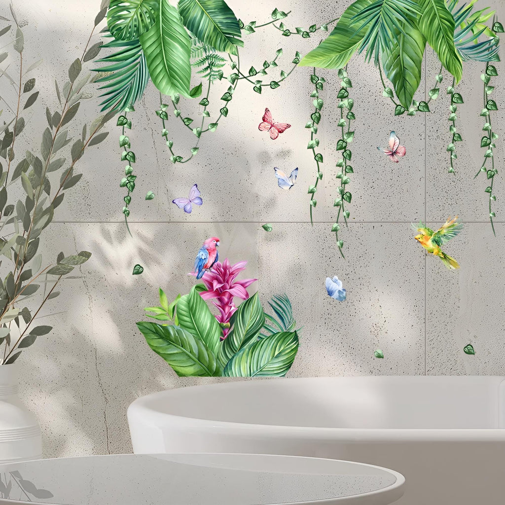 Stickers Muraux Feuillage Tropical et Perroquets Salon