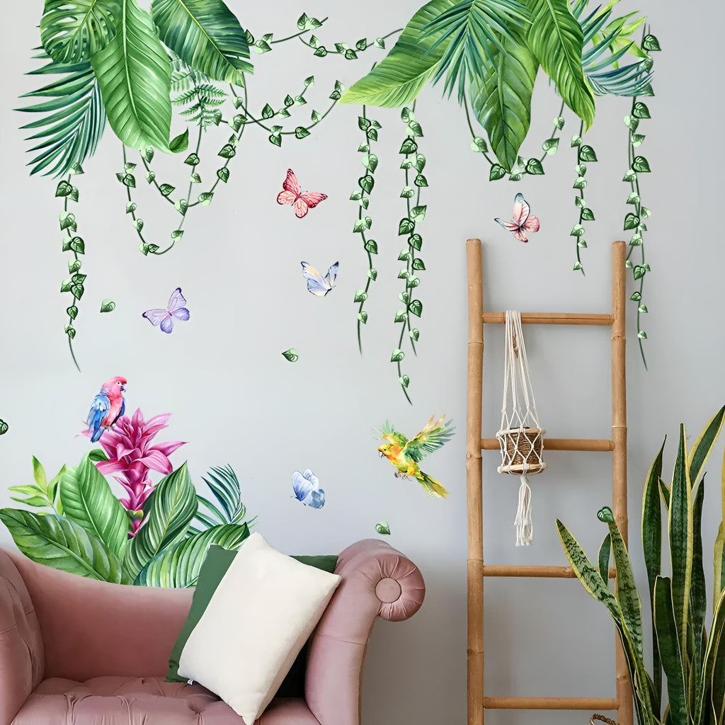 Stickers Muraux Feuillage Tropical et Perroquets Salon