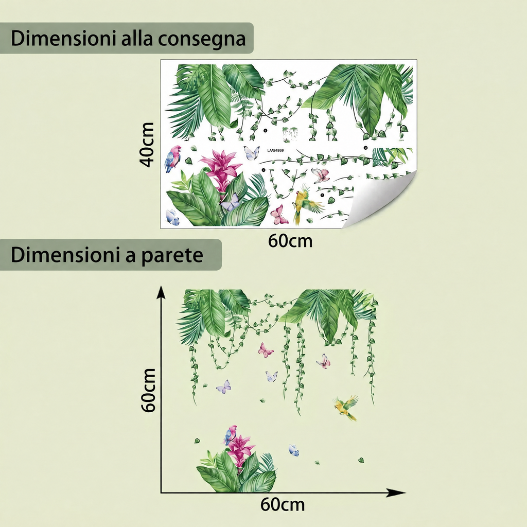 Adesivi murali foglie tropicali e pappagalli per soggiorno - Dimensioni