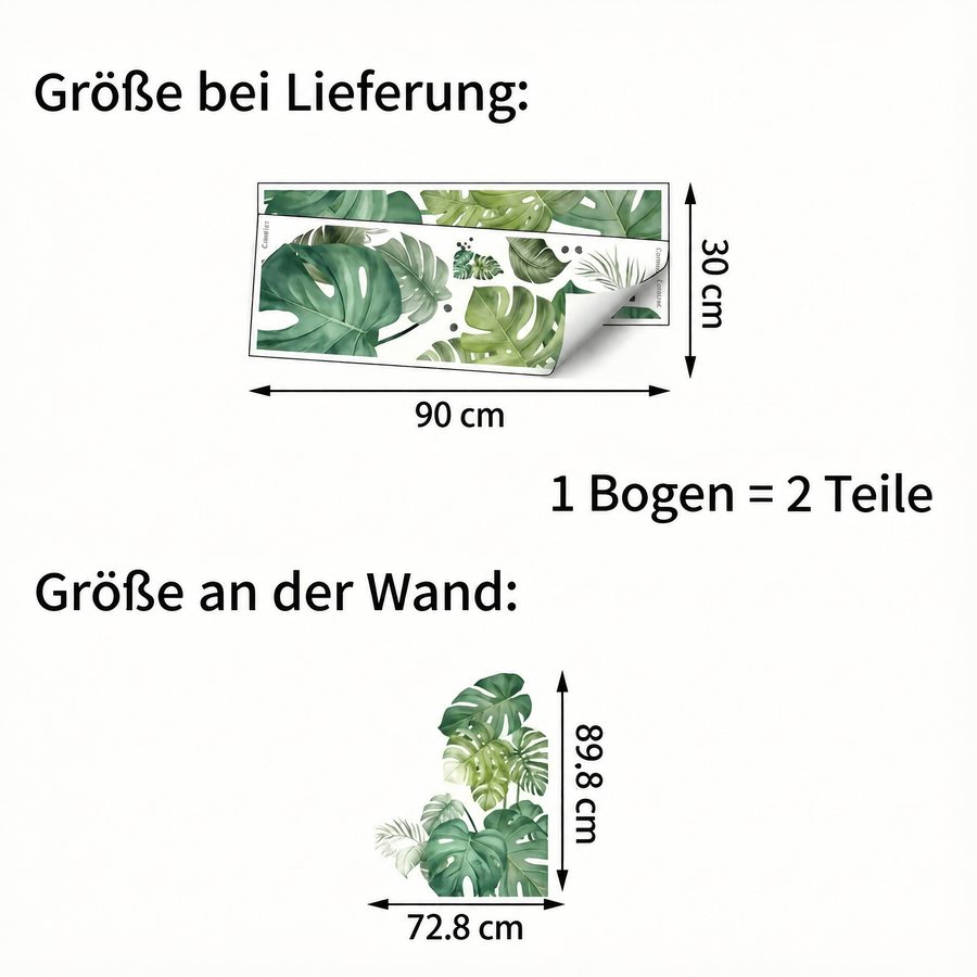 Der gelieferte Bogen im Vergleich zum Motiv an der Wand: Wandtattoo Tropische Blätter