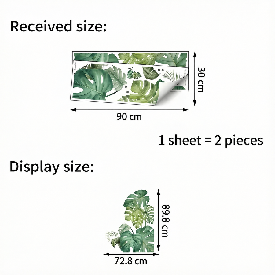 The sheet you receive compared with the design on the wall: Tropical Foliage Wall Stickers