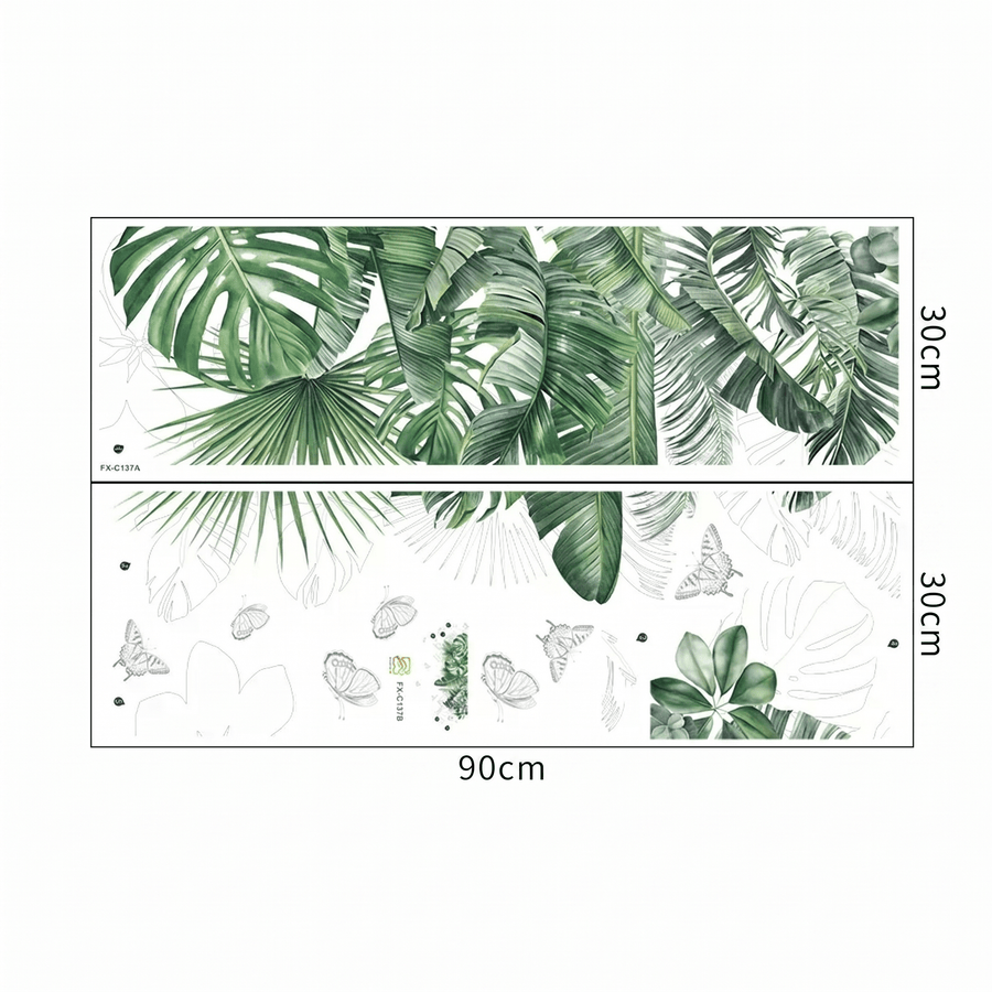 Comparaison entre la planche reçue et le motif posé : Stickers Muraux Feuilles Tropicales Papillons Déco