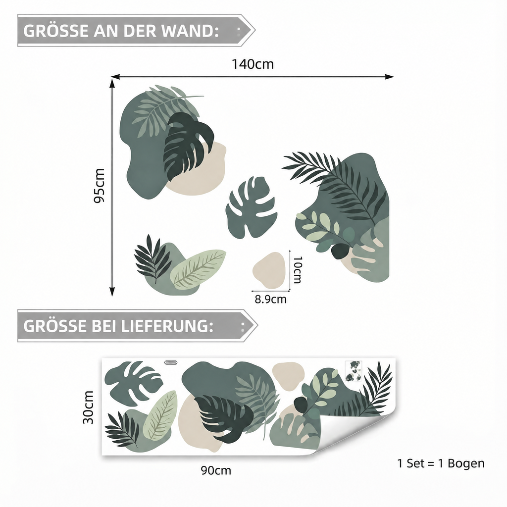 Wandtattoo Grüne Aquarell-Blätter - Maße