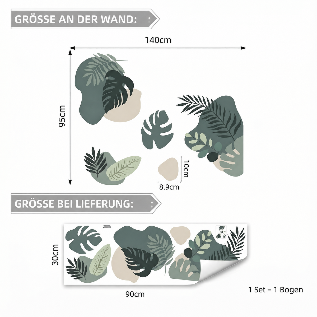 Wandtattoo Grüne Aquarell-Blätter - Maße