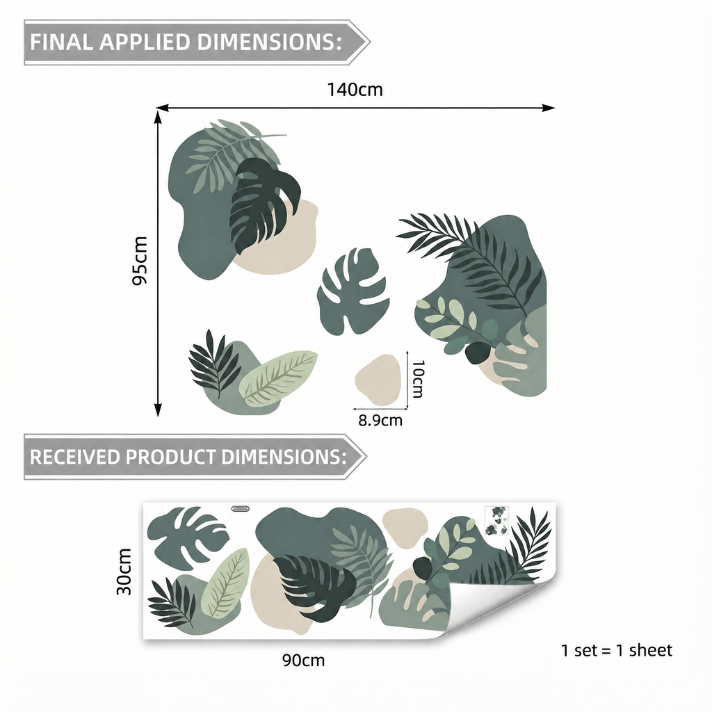 Watercolour Green Leaves Wall Stickers - dimensions