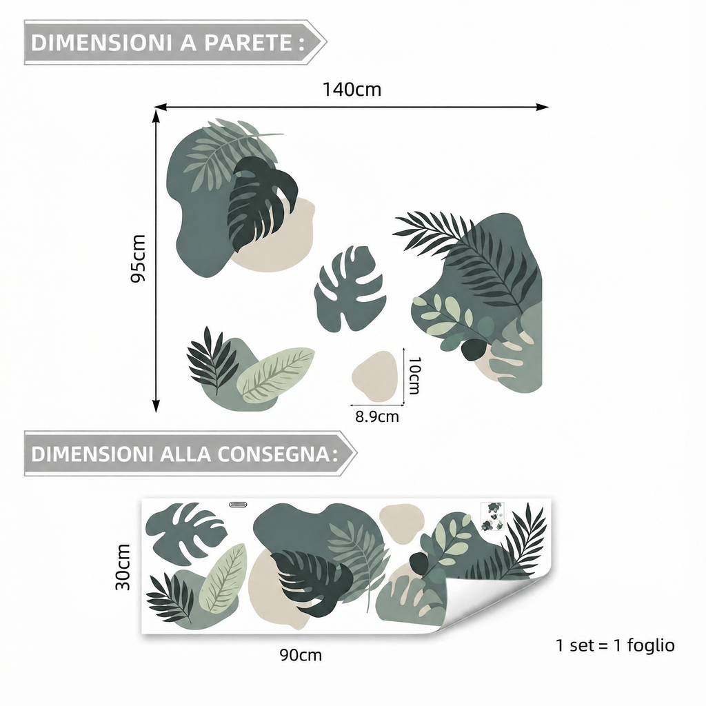 Adesivi murali foglie verdi ad acquerello - Dimensioni