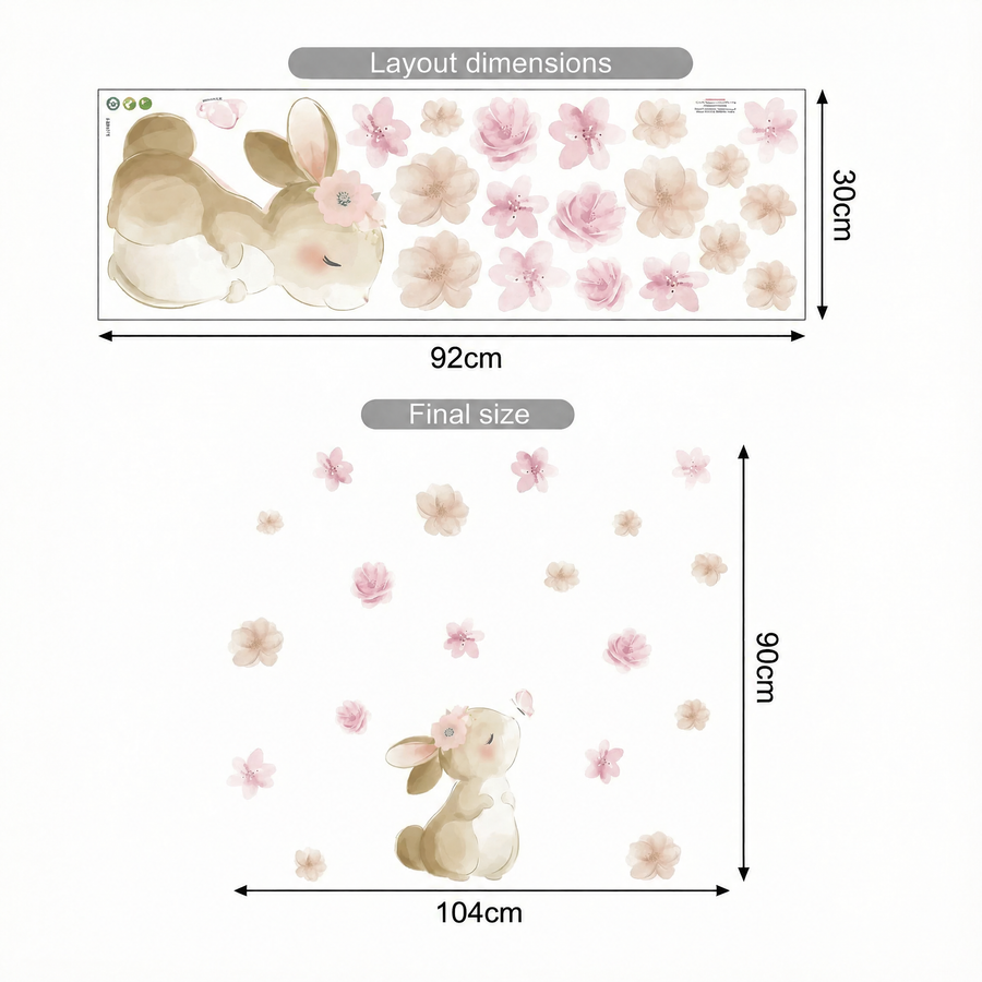 The sheet you receive compared with the design on the wall: Girls' Bunny and Butterflies Wall Stickers