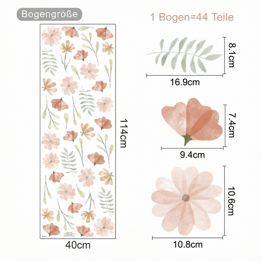 Der gelieferte Bogen im Vergleich zum Motiv an der Wand: Wandtattoo Kleine Aquarell-Blumen