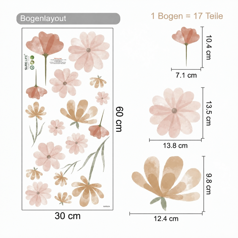 Der gelieferte Bogen im Vergleich zum Motiv an der Wand: Wandtattoo Boho-Blumen